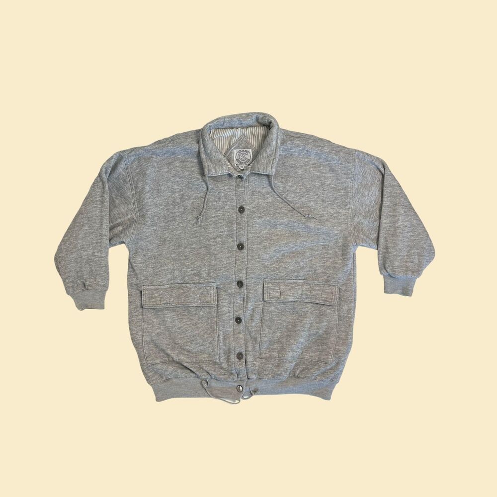 Vintage 80s grey sweatshirt, Be in the Current Seen button up grey jacket